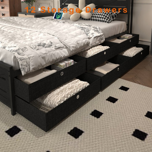 English Elm Queen-size Storage Platform Bed with Led Headboard 12 Drawers and Charging Station Black W5026P404146