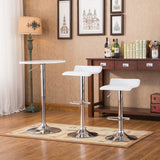 English Elm Baxton White Adjustable Height Wood and Chrome Metal Bar Table and 2 Chrome Air Lift Adjustable Swivel Stools Set