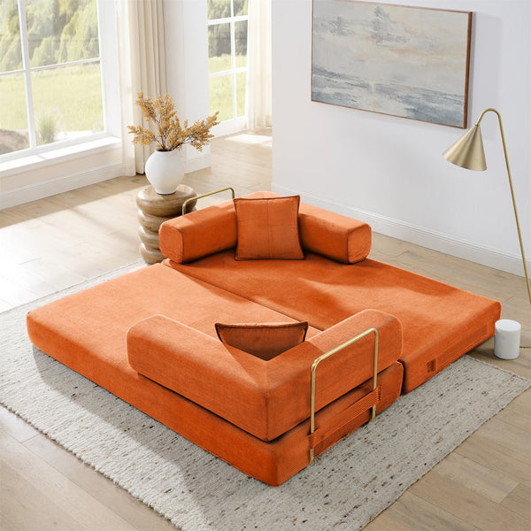 English Elm Modern Corduroy Sofa Bed Convertible Floor Couch with Removable Backrest, Modular King-Size Comfort, Orange W1117P323557