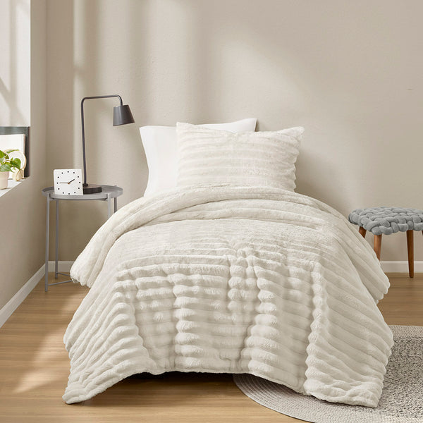 JLA Home Intelligent Design - Fluffy Premium Ribbed Plush Comforter Set — 300gsm Oeko‑Tex Cozy Loft, Smooth Reverse, Ready-to-Use Ivory AM10-0286