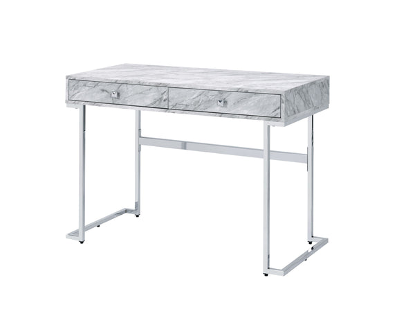 English Elm Tigress Sleek White Faux Marble Writing Desk with Chrome Frame, 2 Drawers & Smooth Metal Glides B2726P254136