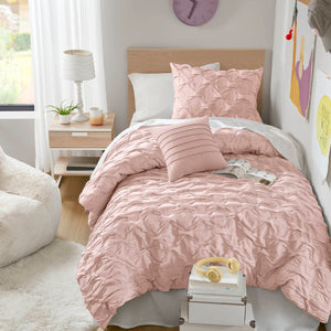 JLA Home Comfort Spaces - Diamond Ruched Ogee Comforter Set with Crinkle Texture, Breathable All-Season Warmth & OEKO-TEX Pink AM10-0532