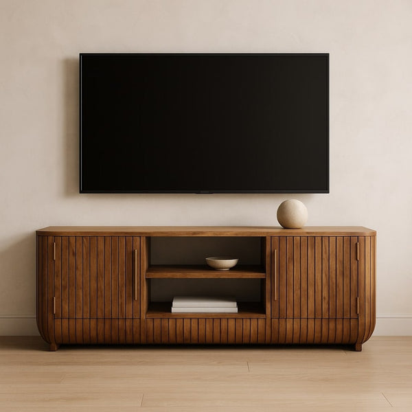 English Elm Artisan Mango Wood Fluted Media Console with Open Shelving for Living Room Decor B182P443516