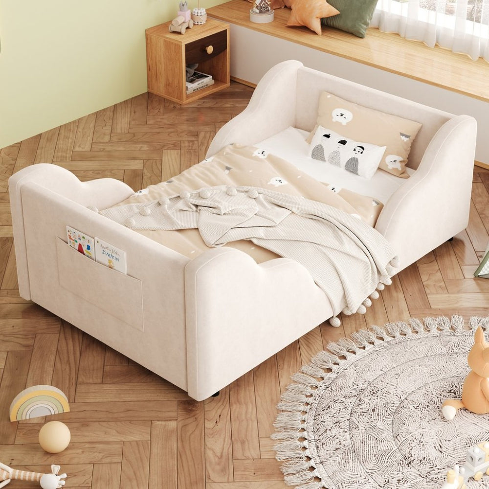 English Elm Toddler Floor Bed Velvet Upholstered Cloud Frame with Safety Rails and Storage Pocket N899P452412A