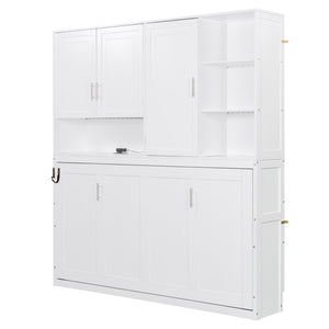 English Elm Twin Murphy Bed with Cabinet Shelves Built in Lighting Usb Ports Space Saving Wall Unit White LP000389AAK-1