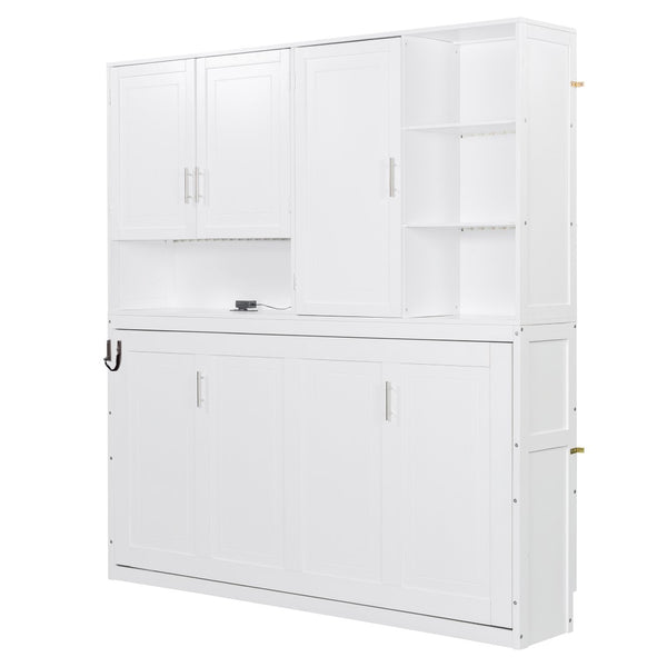 English Elm Twin Murphy Bed with Cabinet Shelves Built in Lighting Usb Ports Space Saving Wall Unit White LP000389AAK-1