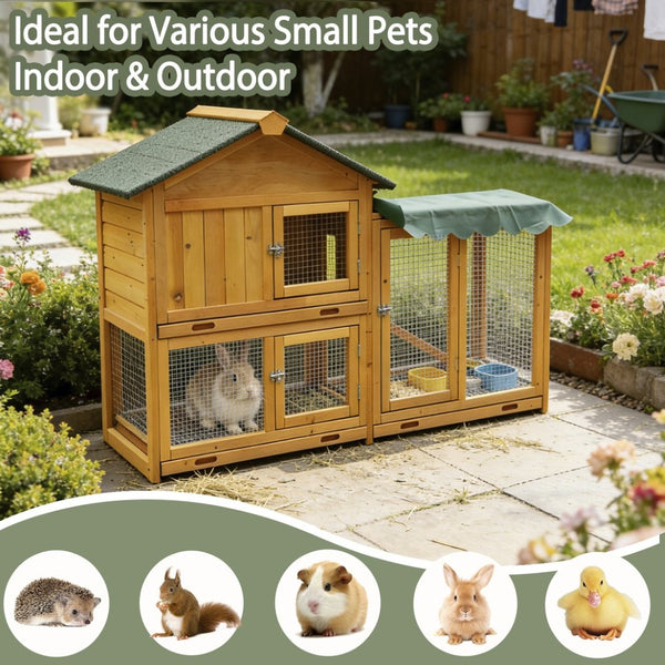 English Elm Premium Fir Wood Two Story Rabbit Hutch Weatherproof Outdoor Habitat with Run W1431P498215