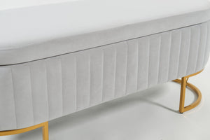 English Elm Oval Velvet Storage Bench with Metal Legs — Luxurious Upholstered Ottoman with Lift-Top Storage, 300lb Capacity, Modern Decorative Seating Gray T3903P372932