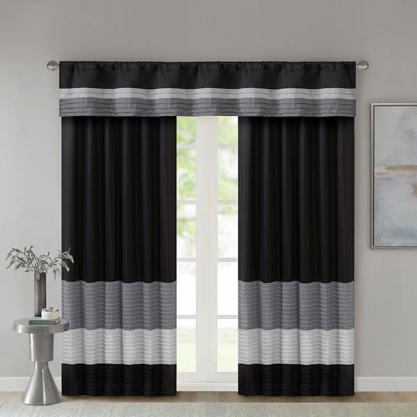 JLA Home Madison Park - Polyoni Pintuck Window Valance with Lined Striped Texture, Tailored Fullness & Easy Rod Pocket Black MP41-2226