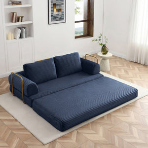 English Elm Convertible Floor Sofa Futon with Corduroy Upholstery for Living Room Lounging and Sleeping Blue W1117P434731