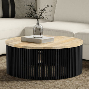 English Elm Demy Solid Mango Wood Round Coffee Table with Slatted Iron Base for Modern Living B136P429100