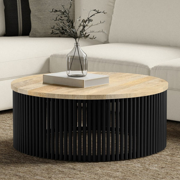 English Elm Demy Solid Mango Wood Round Coffee Table with Slatted Iron Base for Modern Living B136P429100