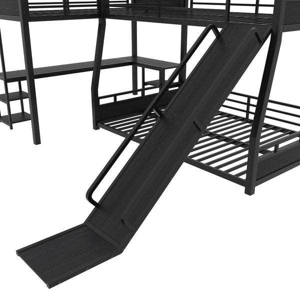 English Elm L-shaped Metal Triple Bunk Bed with Slide Desk Shelves Sleep Study Play Zone W1580S00280