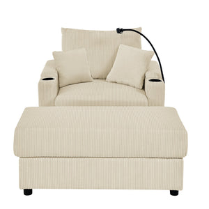 English Elm Modern Sofa Chair With Ottoman, Storage, Cup & Phone Holders – Plush Beige Corduroy For Comfort W1117S00199