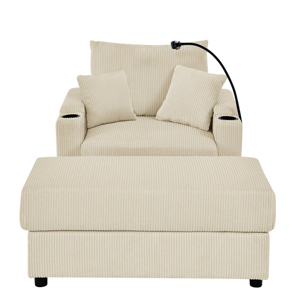 English Elm Modern Sofa Chair With Ottoman, Storage, Cup & Phone Holders – Plush Beige Corduroy For Comfort W1117S00199
