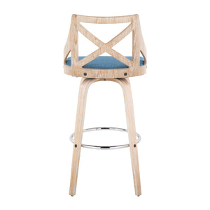 English Elm Charlotte 30" Farmhouse Barstool Set of 2 — Whitewashed Wood X-Back, Blue Fabric Cushions, 360° Swivel B202S00497