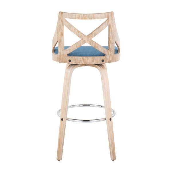 English Elm Charlotte 30" Farmhouse Barstool Set of 2 — Whitewashed Wood X-Back, Blue Fabric Cushions, 360° Swivel B202S00497