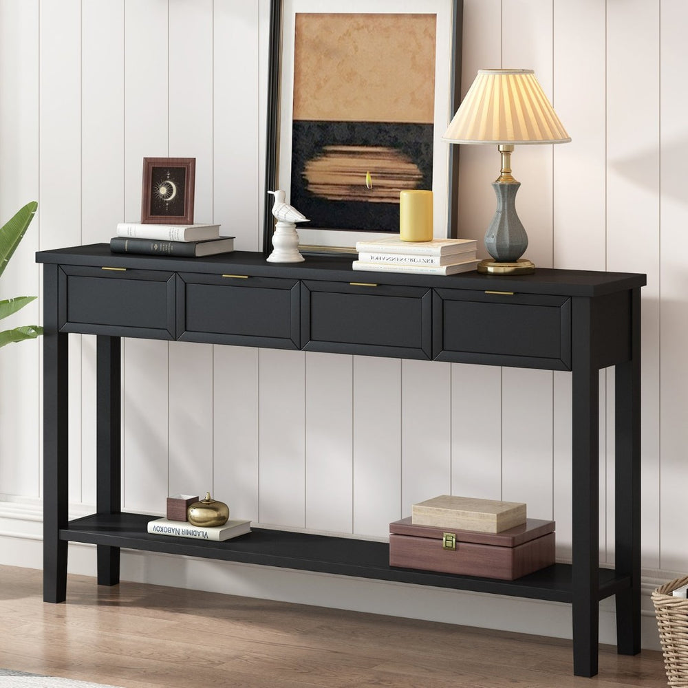English Elm U_style Contemporary Console Table with 4 Drawers Pine Legs Open Shelf Foyer N711P218638B