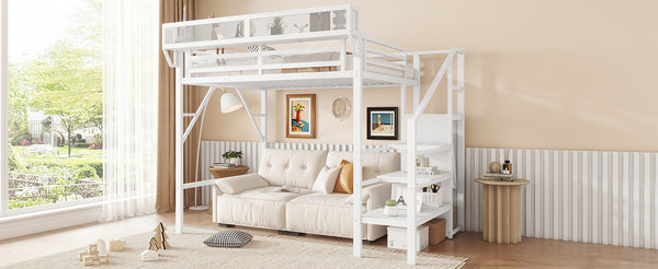 English Elm Twin Twin Size Loft Bed with Stairs and Built-In Shelves, Metal High Loft with Wardrobe for Kids Teens White W2580S00036