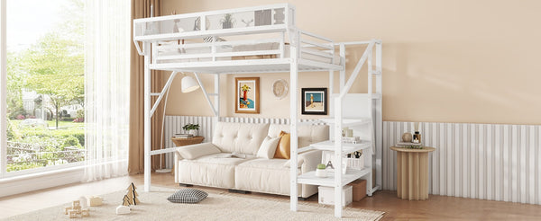 English Elm Twin Metal High Loft Bed with Staircase Storage Wardrobe for Kids and Teens White W2580S00061