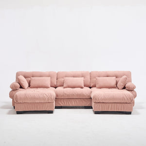 English Elm U Shaped Modular Cloud Sectional Deep Seat Flannelette Sofa with Rounded Bolster Armrests Pink W2120S00040