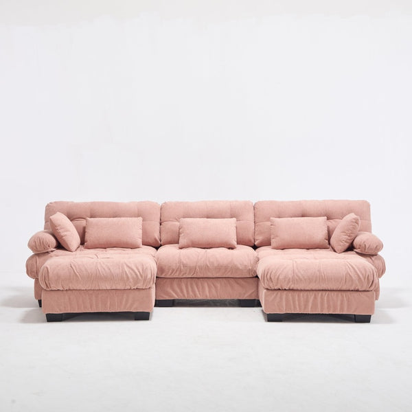 English Elm U Shaped Modular Cloud Sectional Deep Seat Flannelette Sofa with Rounded Bolster Armrests Pink W2120S00040