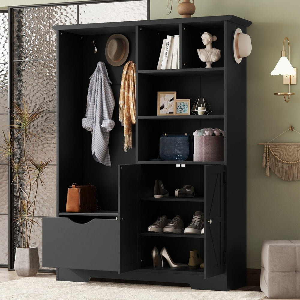 English Elm Multi-functional Entryway Hall Tree with Hooks Bench Drawer Cabinet in Matte Black W1307S00034