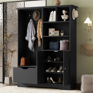 English Elm Multi-functional Entryway Hall Tree with Hooks Bench Drawer Cabinet in Matte Black W1307S00034