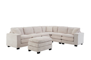 English Elm Modern U Shaped 6-Seat Sectional Sofa with Ottoman and 3 Toss Pillows, Corduroy Modular Comfort and Durable Frame White W2363S00039