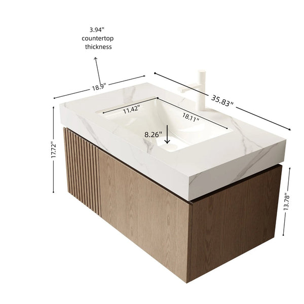 English Elm Muri Floating Bathroom Vanity Plywood Cabinet Oak Veneer Sintered Stone Top W2615S00626