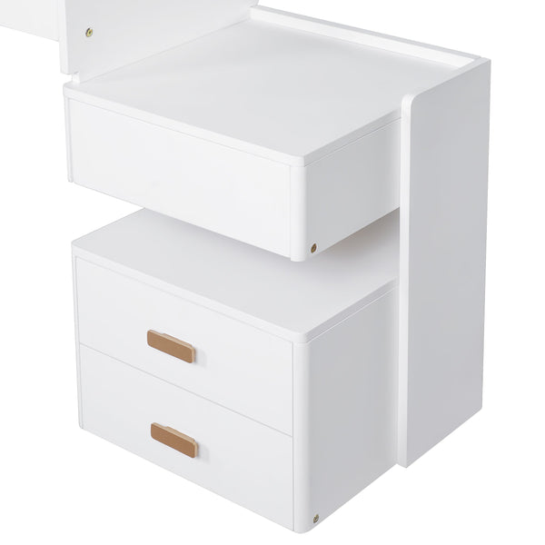 English Elm 3-in-1 Makeup Vanity Desk with Flip Mirror, LED 3-Color Lighting, Expandable Length & Ample Storage Drawers White N844P285298A