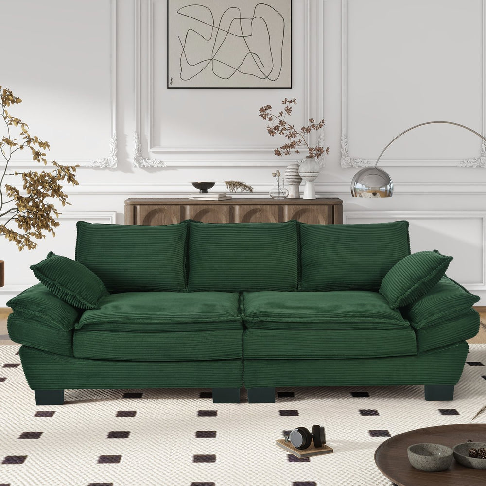 English Elm U-Style 80.9" Modern Curved Corduroy Sofa with Removable Cushions, 4 Pillows, Compact Chic Dark Green N711P192059C