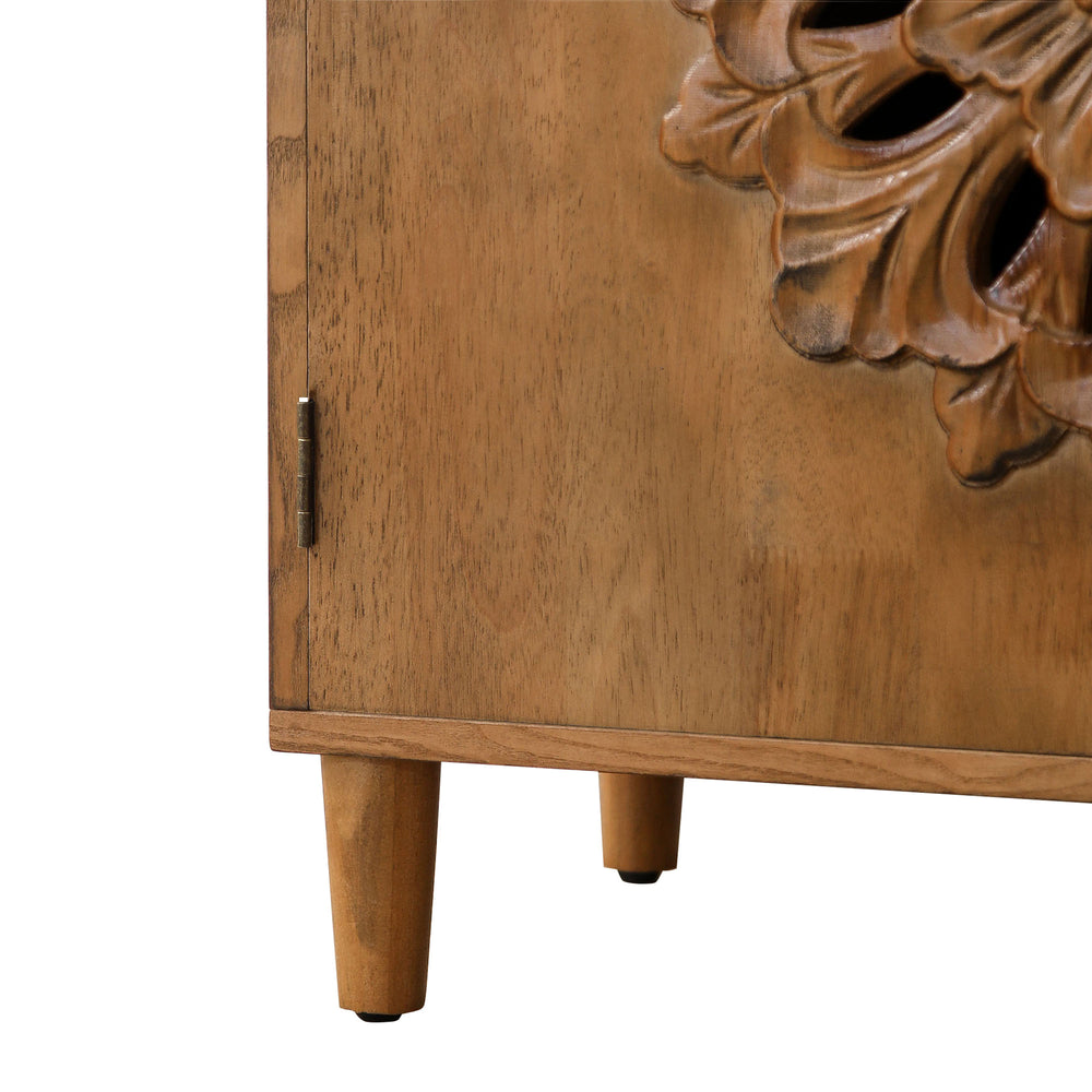English Elm Rustic Hand-Carved 2-Door Wooden Cabinet with Floral Motif, Boho Farmhouse Sideboard for Entryway W2729P239174
