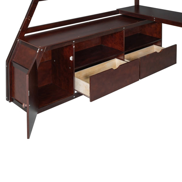 English Elm Full Size Kids Loft Bed with Integrated Desk Seven Drawers and Open Shelving LT000649AAP-2