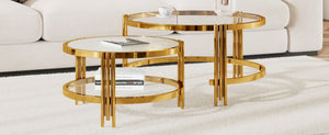English Elm Modern Nesting Coffee Table Set Textured Tempered Glass Gold Tripod Base Living Room N735P354005A