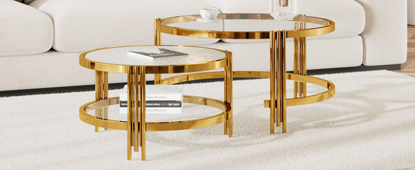 English Elm Modern Nesting Coffee Table Set Textured Tempered Glass Gold Tripod Base Living Room N735P354005A