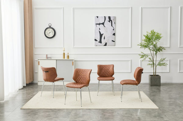 English Elm Dark Oil Waxed Faux Leather Dining Chair Set with Diamond Tufted High Back Metal Legs Brown W3493P444745