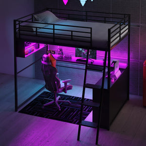 English Elm Full Metal Loft Bed with LED Desk & 4 Shelves, Black – Sturdy Full Frame, Color-Changing Lights, Compact GX000653AAB