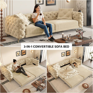 English Elm 97.6" Oversized Velvet Chesterfield Sleeper Sofa Floral Tufted Roll Arm Living Room Couch Apricot W1885S00201