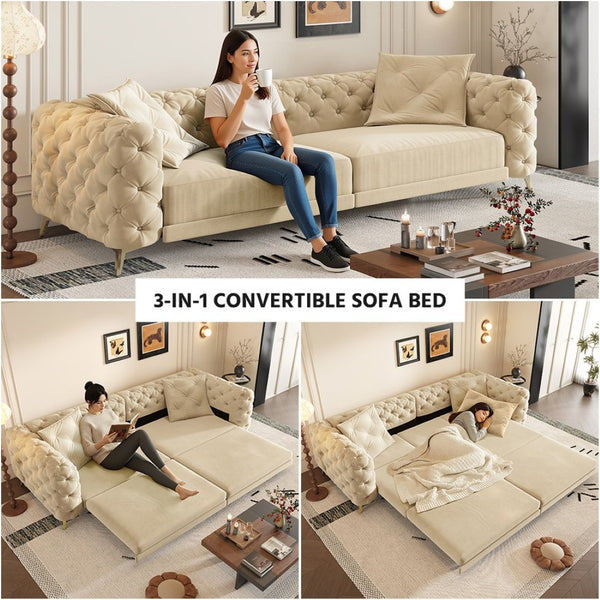 English Elm 97.6" Oversized Velvet Chesterfield Sleeper Sofa Floral Tufted Roll Arm Living Room Couch Apricot W1885S00298