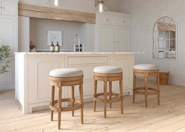 English Elm 31in. Swivel Barstool Faux Leather Seat Nailhead Trim Carved Walnut Frame Kitchen Bar Oak B2751P436441