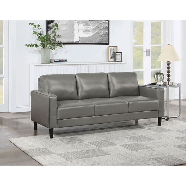 English Elm Farallone Faux Leather Track Arm Sofa with Tapered Legs, Sleek Modern Profile and Smooth Cushions for Compact Living Spaces Grey B062P354050