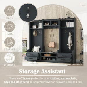 English Elm 4-in-1 Hall Tree with Bench, 7 Hooks, 2 Cabinets & 4 Drawers for Entryway Storage and Seating Antique Blue W1580S00091