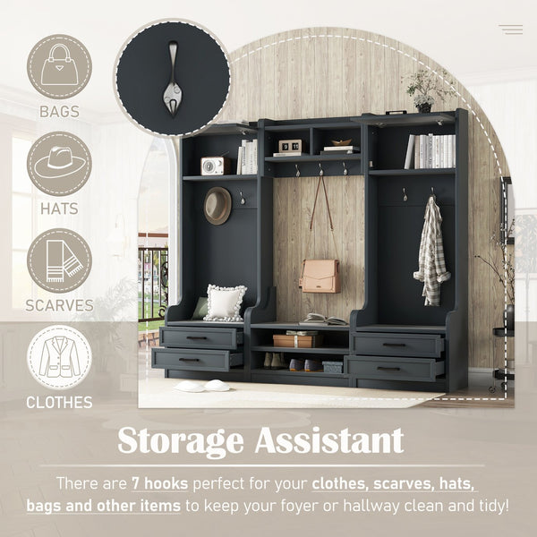 English Elm 4-in-1 Hall Tree with Bench, 7 Hooks, 2 Cabinets & 4 Drawers for Entryway Storage and Seating Antique Blue W1580S00091