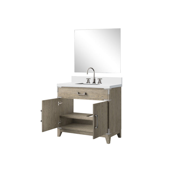 English Elm Grey Oak Single Bath Vanity with White Quartz Top, Chrome Faucet & 34" Mirror — Durable Wood Finish B2731S02012