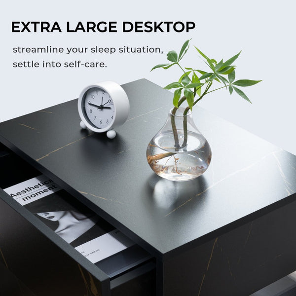 English Elm Led Nightstand with Rgb Acrylic Glow Panel Three Drawers Walnut Bedroom Table Black+Gold W2178P412303