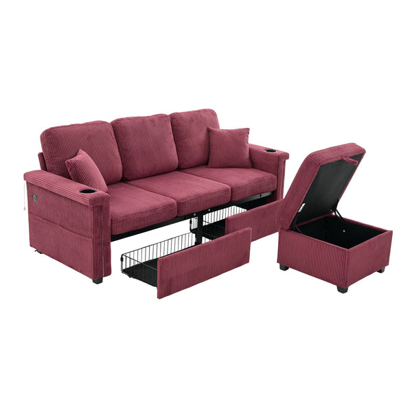 English Elm UNITED Corduroy L-Shaped Sectional Sofa with Storage Ottoman, USB Ports, Cup Holders & LED Lighting WINE RED W1568P332410