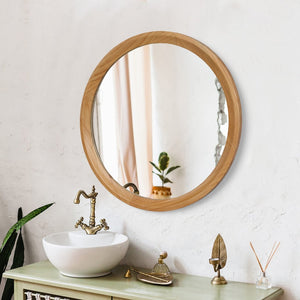English Elm Natural Oak Round Wall Mirror Solid Wood Frame Minimalist Accent for Any Room W2295P414107
