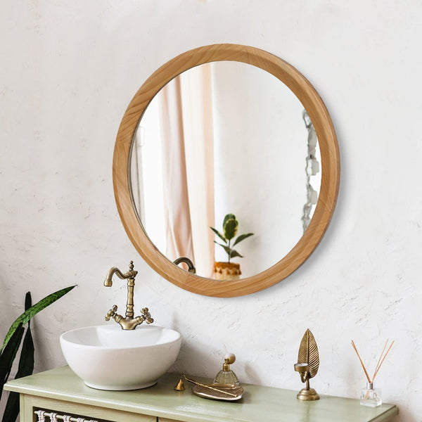 English Elm Natural Oak Round Wall Mirror Solid Wood Frame Minimalist Accent for Any Room W2295P414107