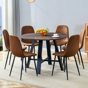 English Elm Table 7-Piece Modern Round Dining Set With 6 Ergonomic Brown Chairs & Black Metal Legs For Style W1151S03752-GIGA